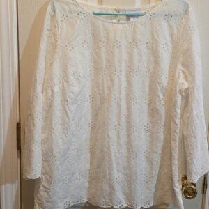 Liz Claiborne White Cotton Embroidered Blouse 3/4  Sleeves